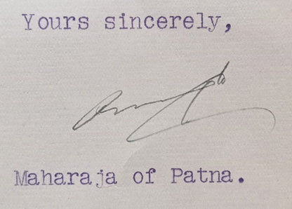 India Patna State 1940 interesting crested letter signed by the Maharaja