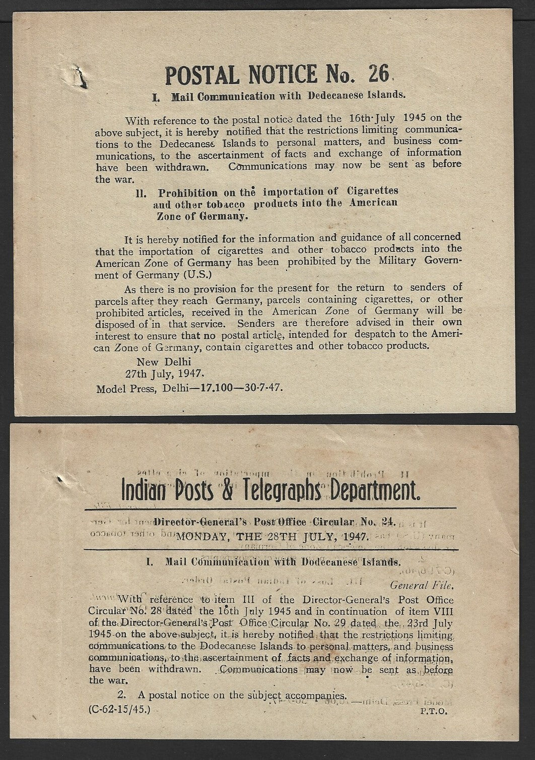 India POSTAL NOTICE #26 27 July 1947 Mail to Dedecanese Islands + CIRCULAR #24
