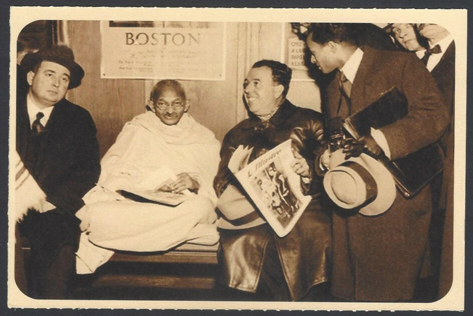 AOP India full back pictorial 50p Gandhi postal card GANDHI in BOSTON