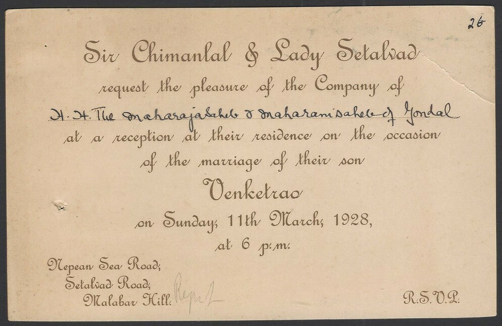 India 1928 marriage invitation card from Chimanlal Setalvad