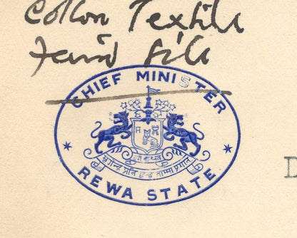 India 1945 crested letter CHIEF MINISTER / REWA STATE signed