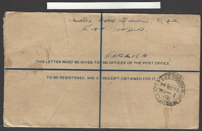 India KGVI registered envelope with RAF censor 1944