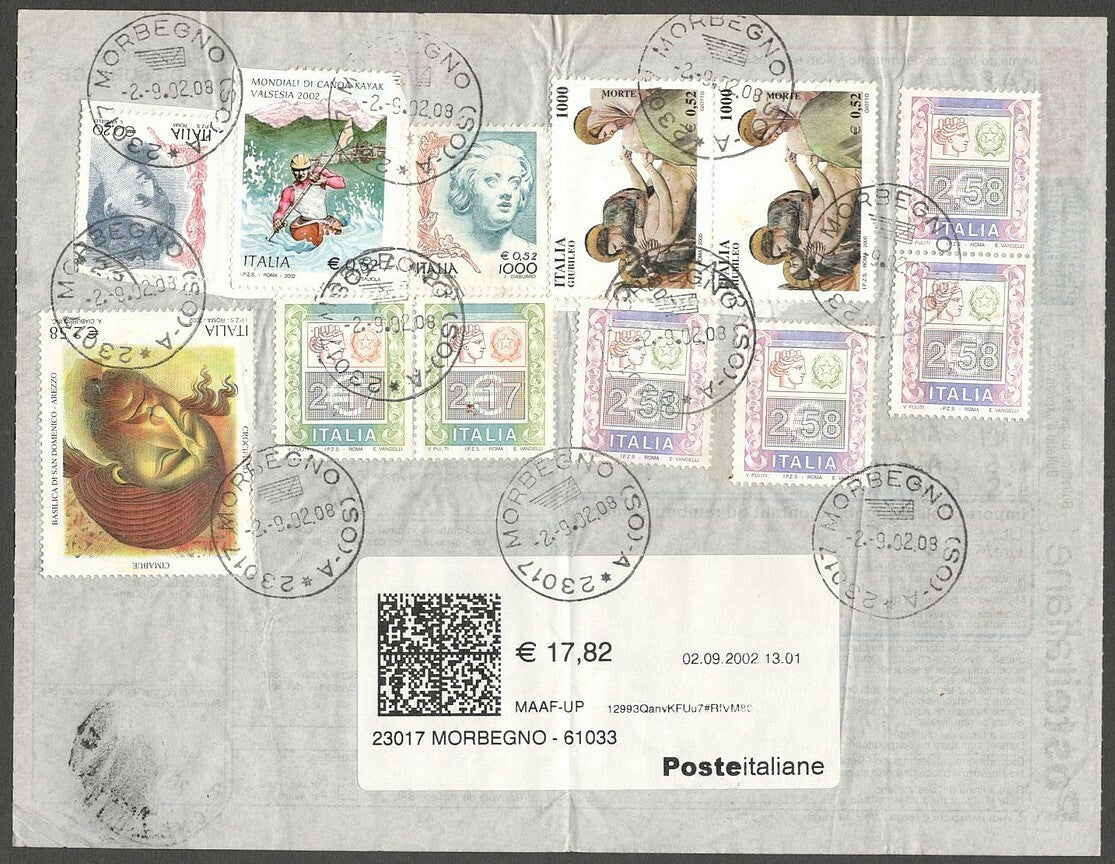 AOP Italy 2001 parcel card to India with a combination of Euro & Lire issues