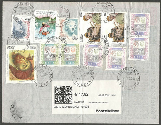AOP Italy 2001 parcel card to India with a combination of Euro & Lire issues