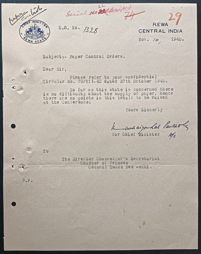 India 1945 crested letter CHIEF MINISTER / REWA STATE signed