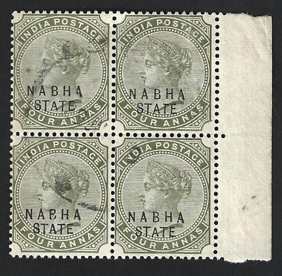 India Nabha State QV 1885-1900 4a block of 4 used. SG 23 £28