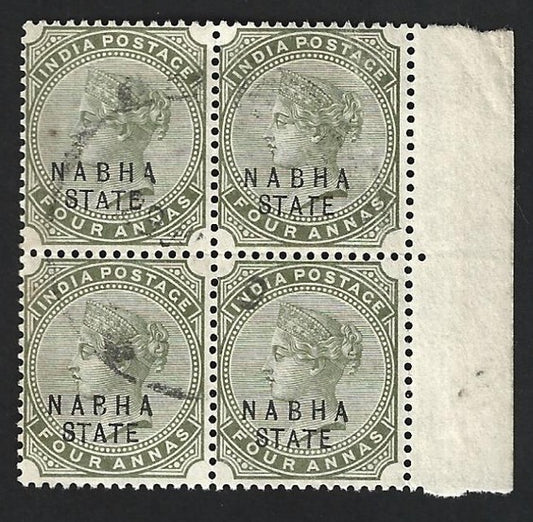 India Nabha State QV 1885-1900 4a block of 4 used. SG 23 £28