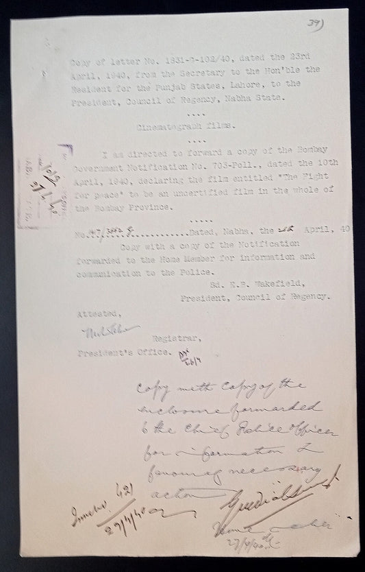 India 1940 Official Order BANNING the movie THE FIGHT FOR PEACE in Bombay
