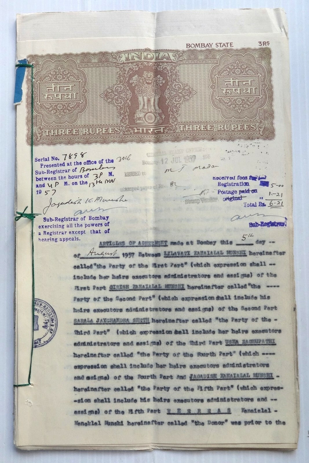 India 1957 Agreement signed Lilavati Munshi Freedom Fighter & Gandhi Associate