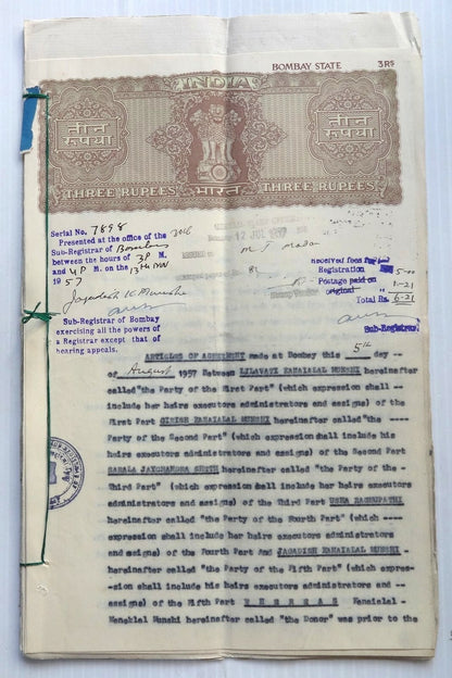 India 1957 Agreement signed Lilavati Munshi Freedom Fighter & Gandhi Associate