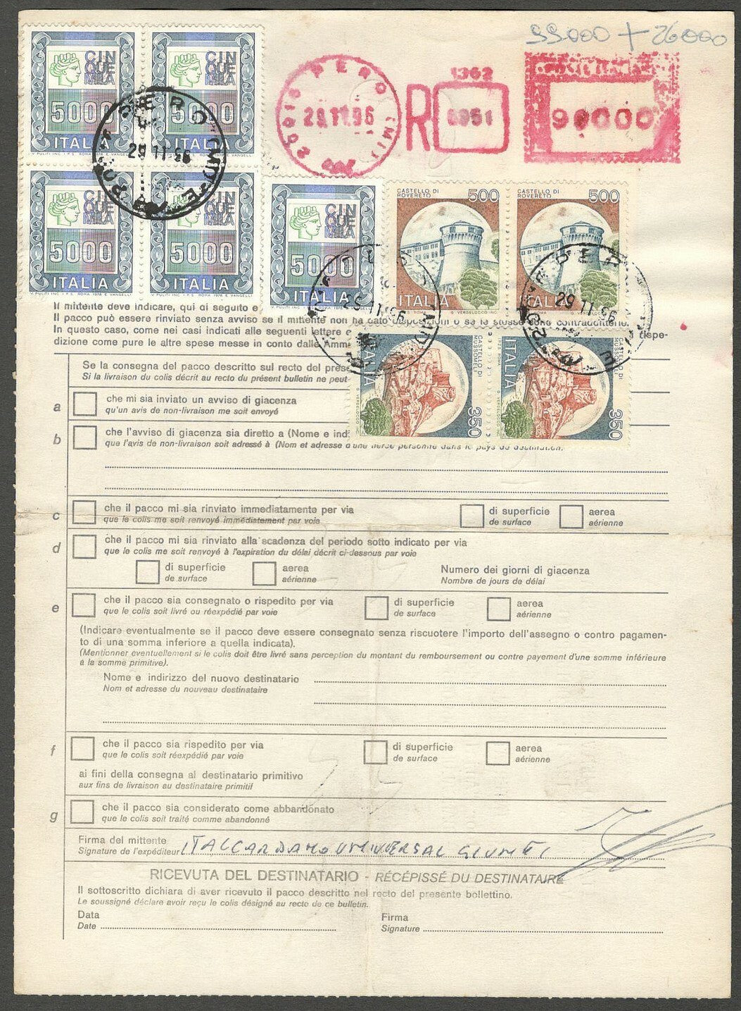 AOP Italy parcel card to India with 26,700 Lire stamps & 99,000 meter