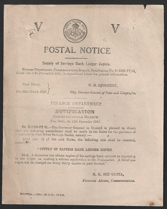 India POSTAL NOTICE 20 Mar 1942 Supply of Savings Bank Ledger Copies