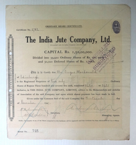 India 1943 India Jute Company share certificate