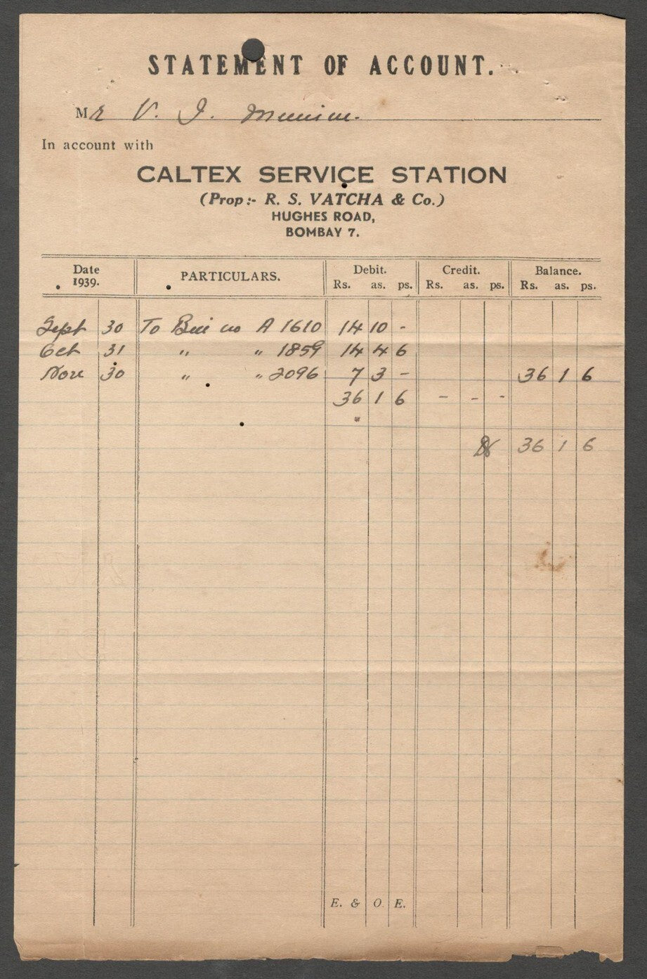 AOP India CALTEX SERVICE STATION (automobile), Bombay 1939 receipt