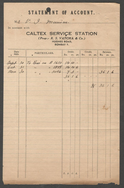 AOP India CALTEX SERVICE STATION (automobile), Bombay 1939 receipt