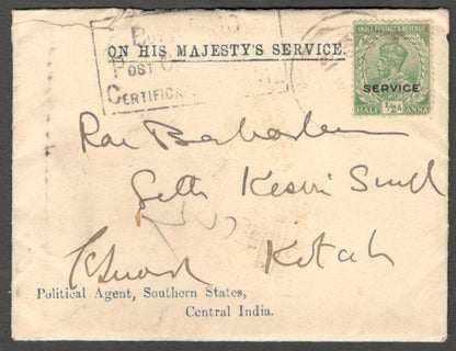 AOPIMT India crested cover & letter signed Political Agent, Central India