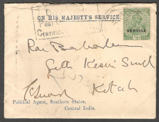 AOPIMT India crested cover & letter signed Political Agent, Central India