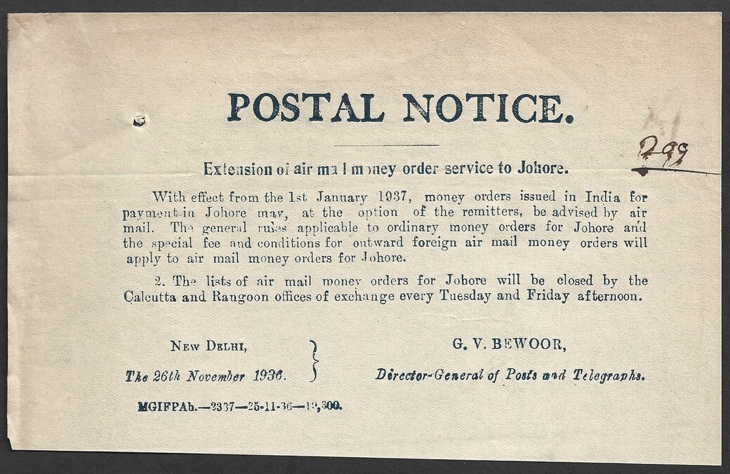 India POSTAL NOTICE 26 Nov 1936 Extension of Air Mail MO Service to Johore