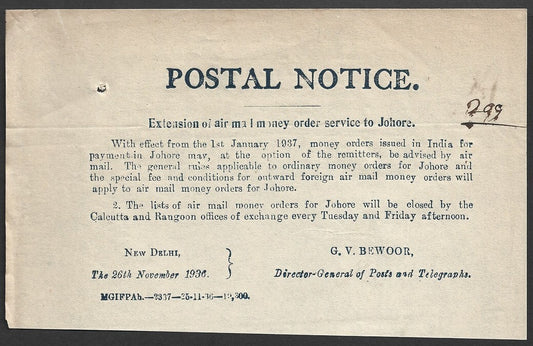 India POSTAL NOTICE 26 Nov 1936 Extension of Air Mail MO Service to Johore