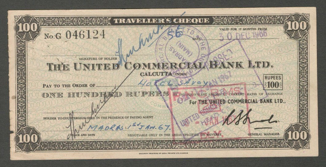 AOP India United Commercial Bank 100R traveler's cheque used 1966 with stamp