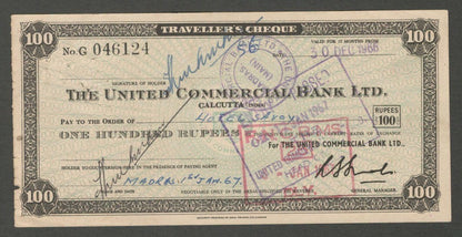 AOP India United Commercial Bank 100R traveler's cheque used 1966 with stamp