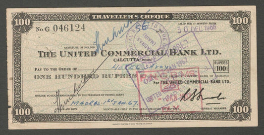 AOP India United Commercial Bank 100R traveler's cheque used 1966 with stamp