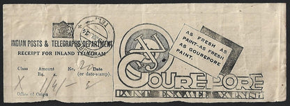 India 1934 pictorial advertisement COUREPORE telegraph receipt