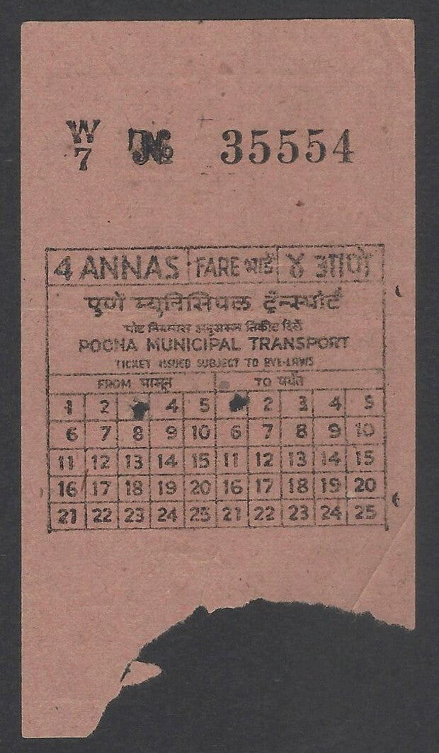 AOP India Vintage Poona Bus Ticket 4 Annas 