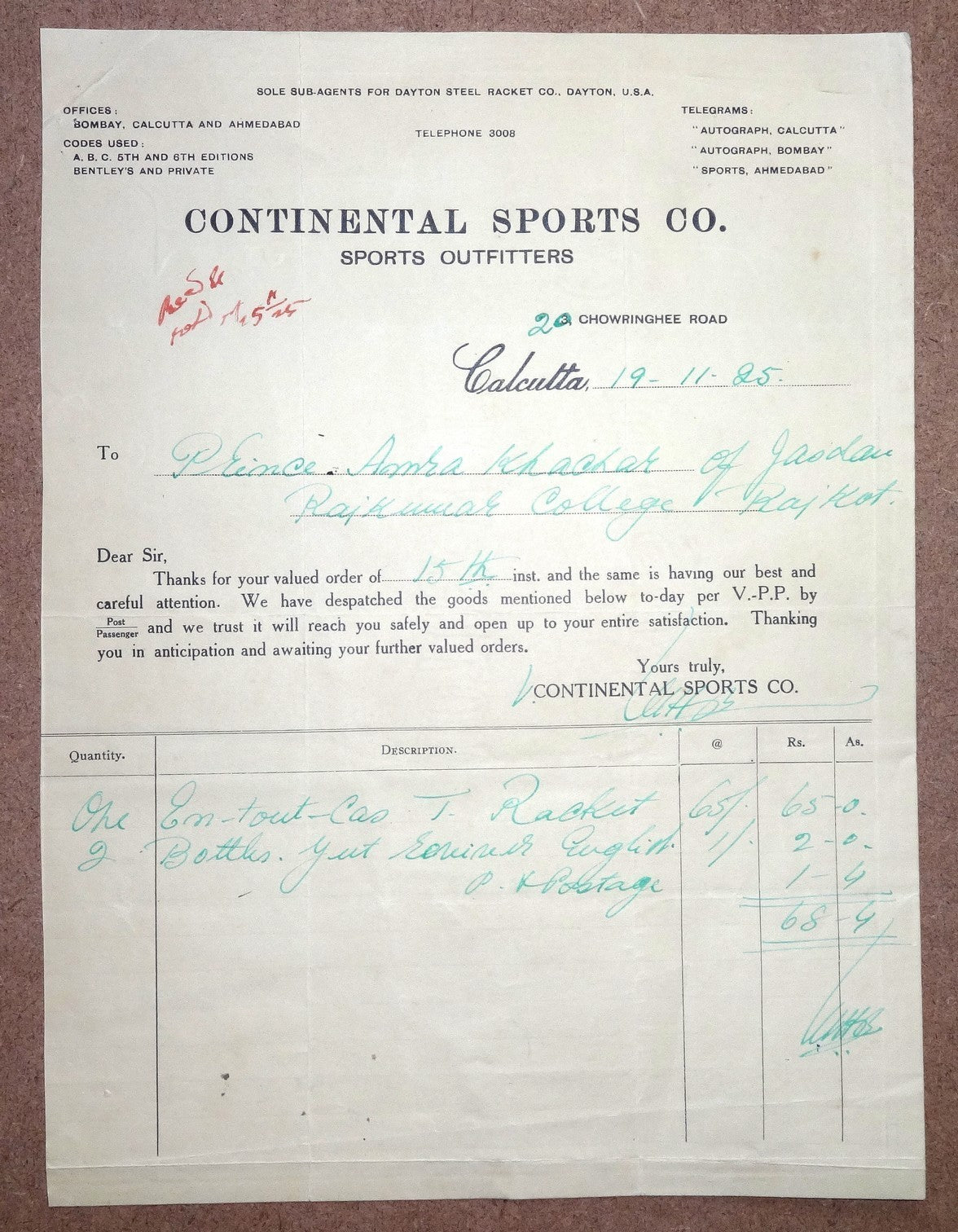 India 1925 Continental Sports Calcutta Billhead to Prince Amra Khachar of Jasdan