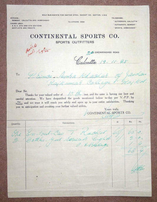India 1925 Continental Sports Calcutta Billhead to Prince Amra Khachar of Jasdan
