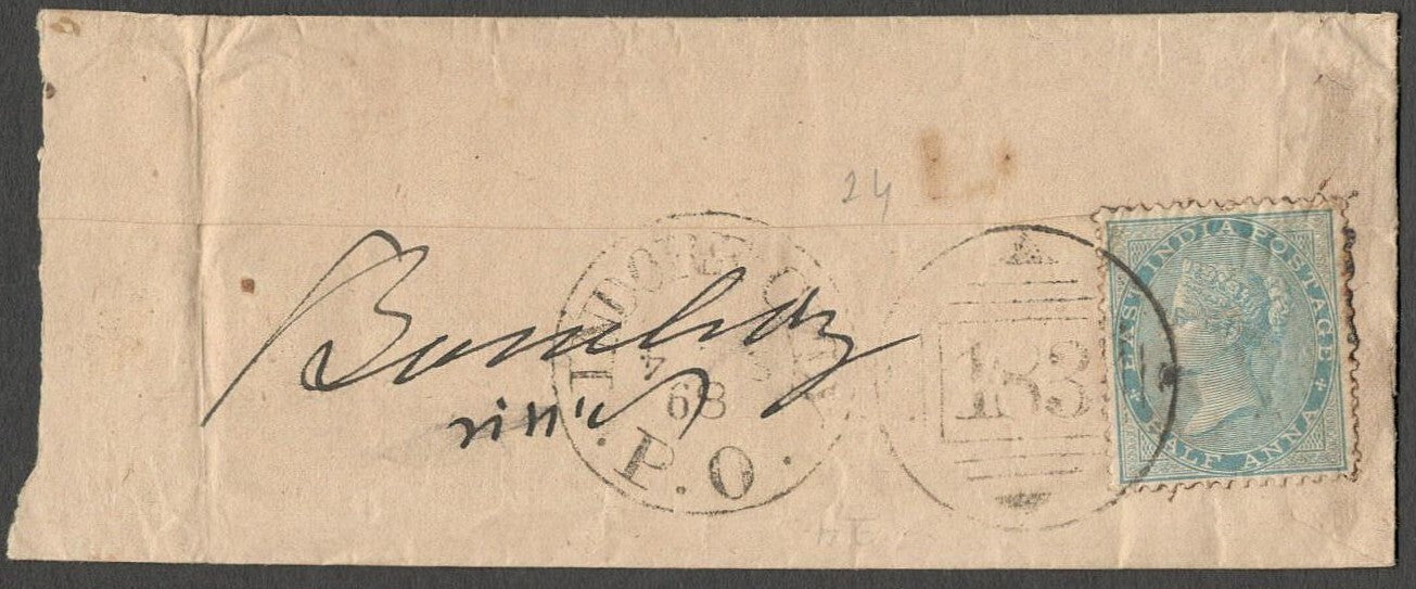 AOP India 1868 cover canc. EIC Type 9III "183" "INDORE CITY"