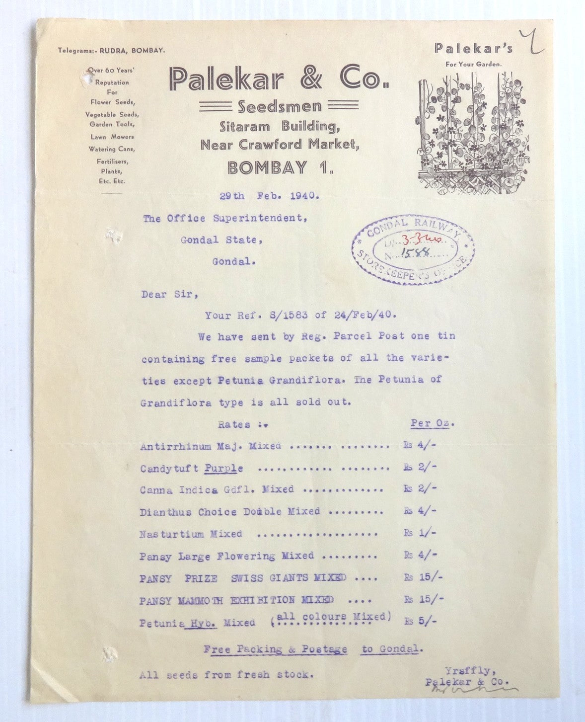 India 1940 illustrated letterhead Palekar & CO. Seedsmen Bombay