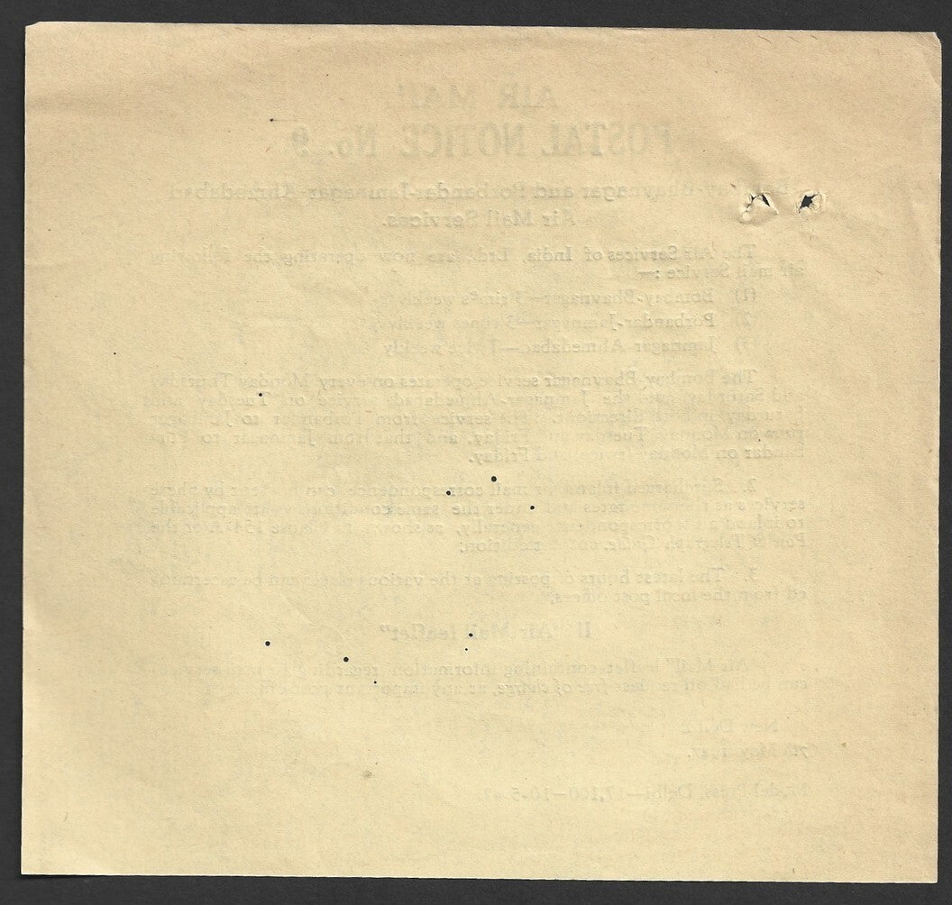 India POSTAL NOTICE #9 7 May 1947 Bombay-Bhavnagar & Porbandar Air Mail Service