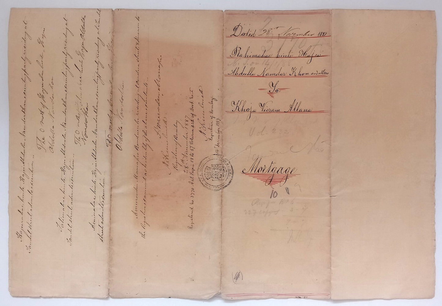 AOP India QV Queen Victoria 1868 Special Adhesive 10R on 1883 indenture 3 pgs