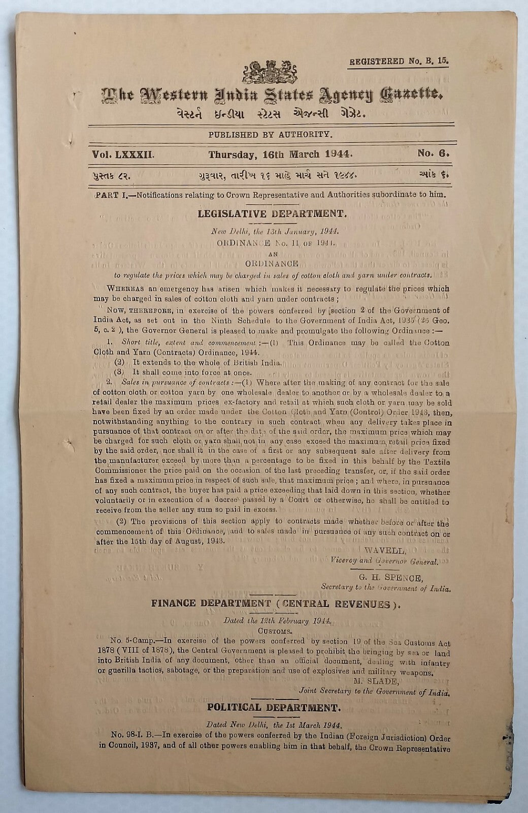 (AOP) India WISA Gazette 1944 Ban of Guerilla, Sabotage literature