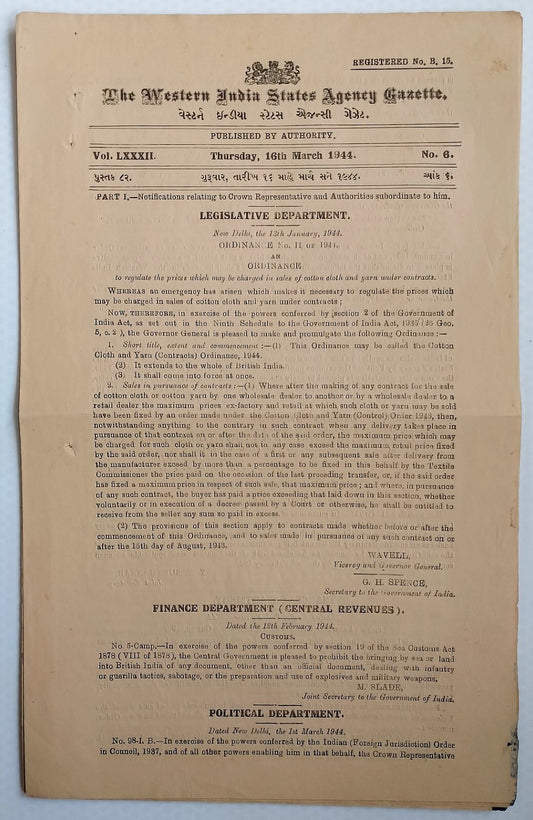 (AOP) India WISA Gazette 1944 Ban of Guerilla, Sabotage literature