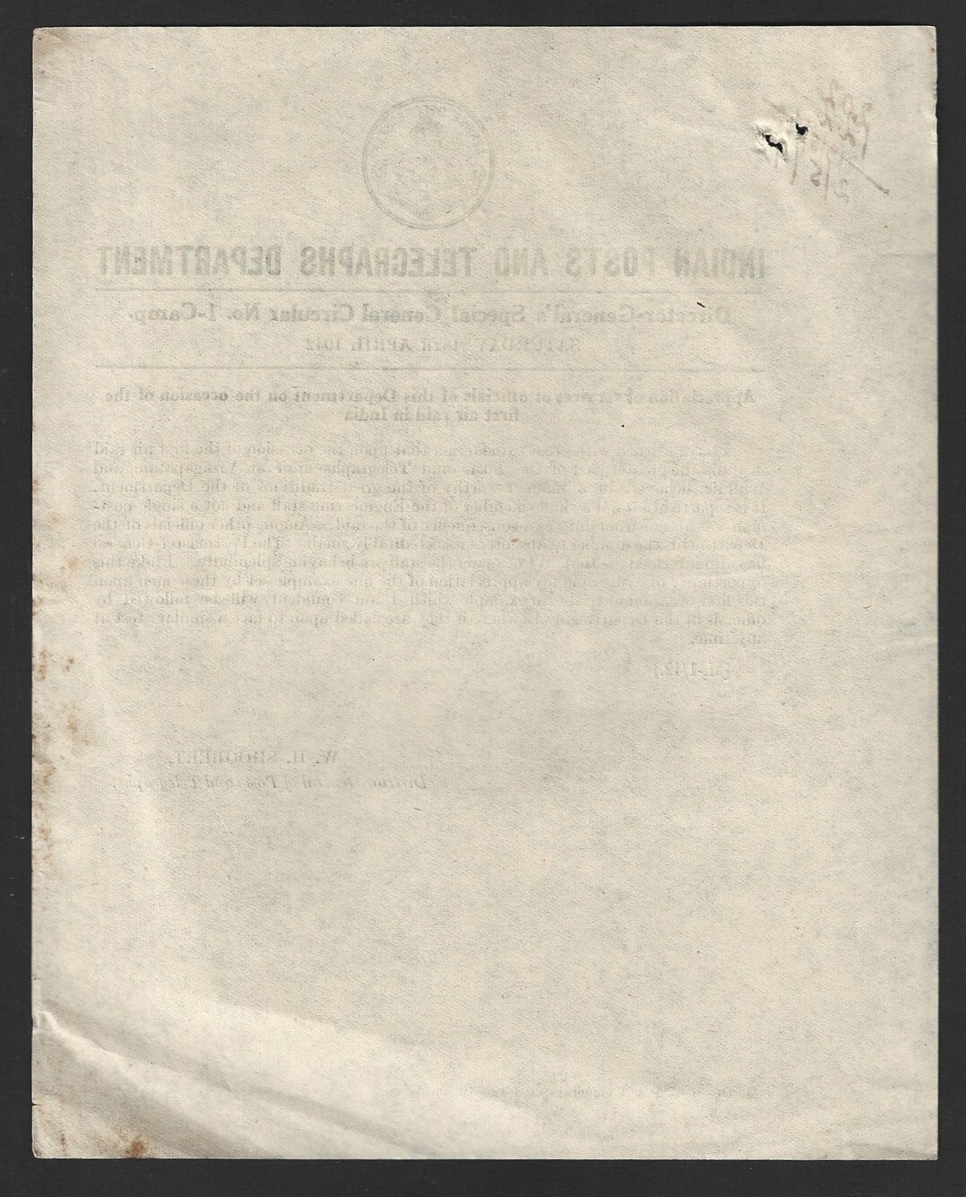 India POSTAL CIRCULAR No. 1-Camp 18th April 1942 First Air Raid in India
