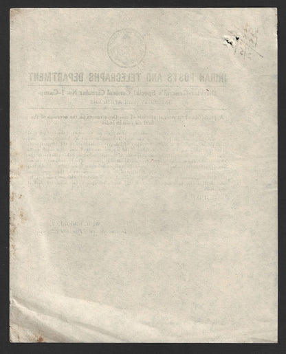India POSTAL CIRCULAR No. 1-Camp 18th April 1942 First Air Raid in India