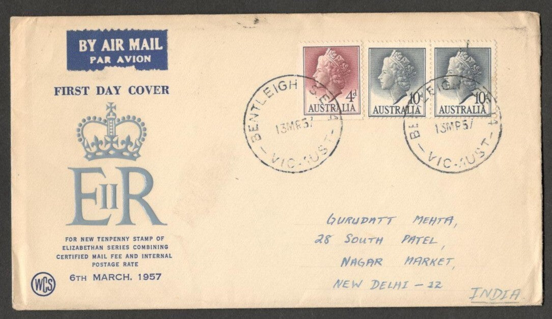 (AOP) Australia 1957 QEII 10d on FDC to India