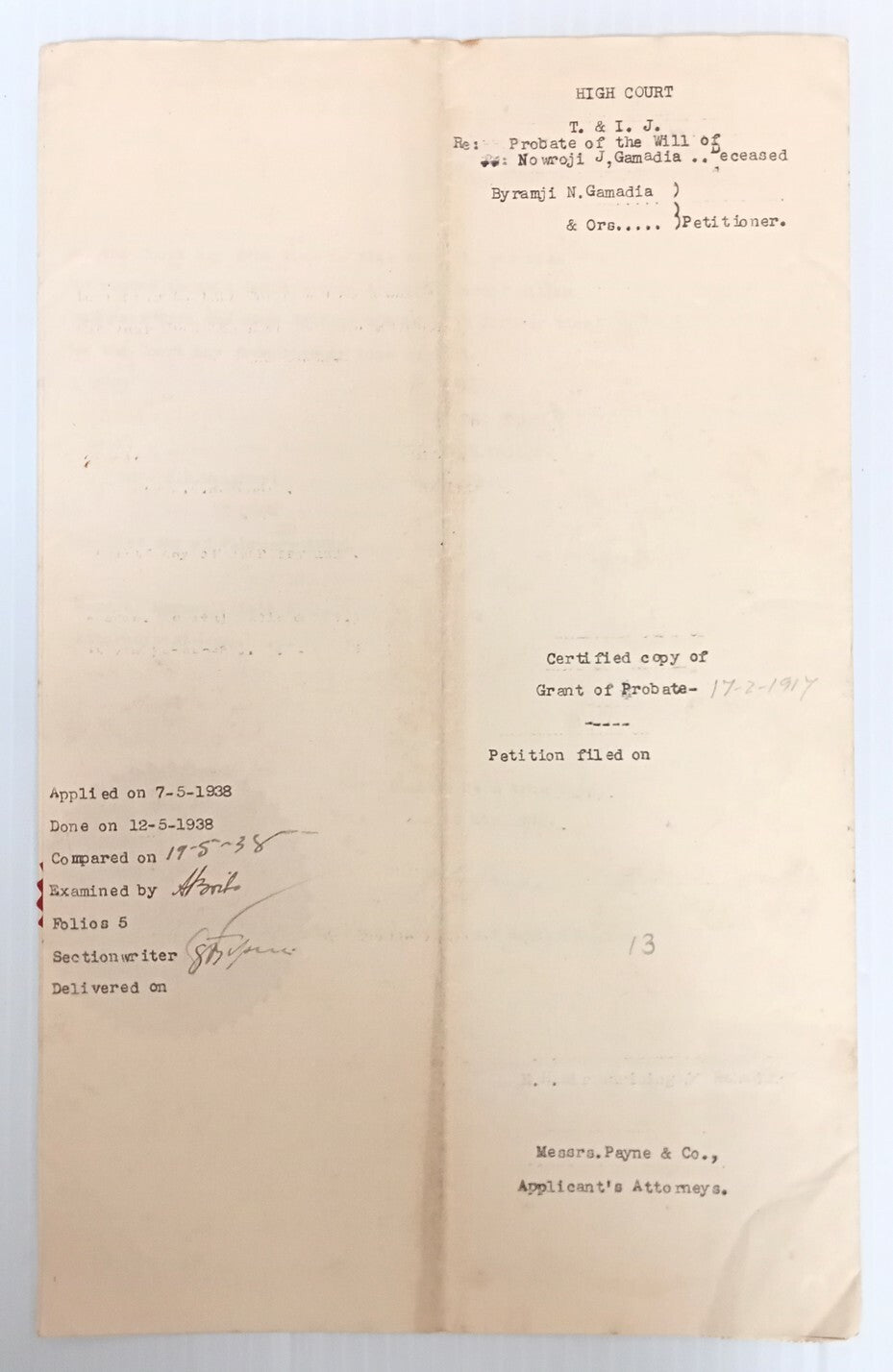 AOP India 1917 3 pages Probate with KGV Court Fee 4R