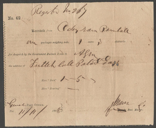 AOP India 1868 BULLOCK TRAIN parcel receipt GWALIOR 