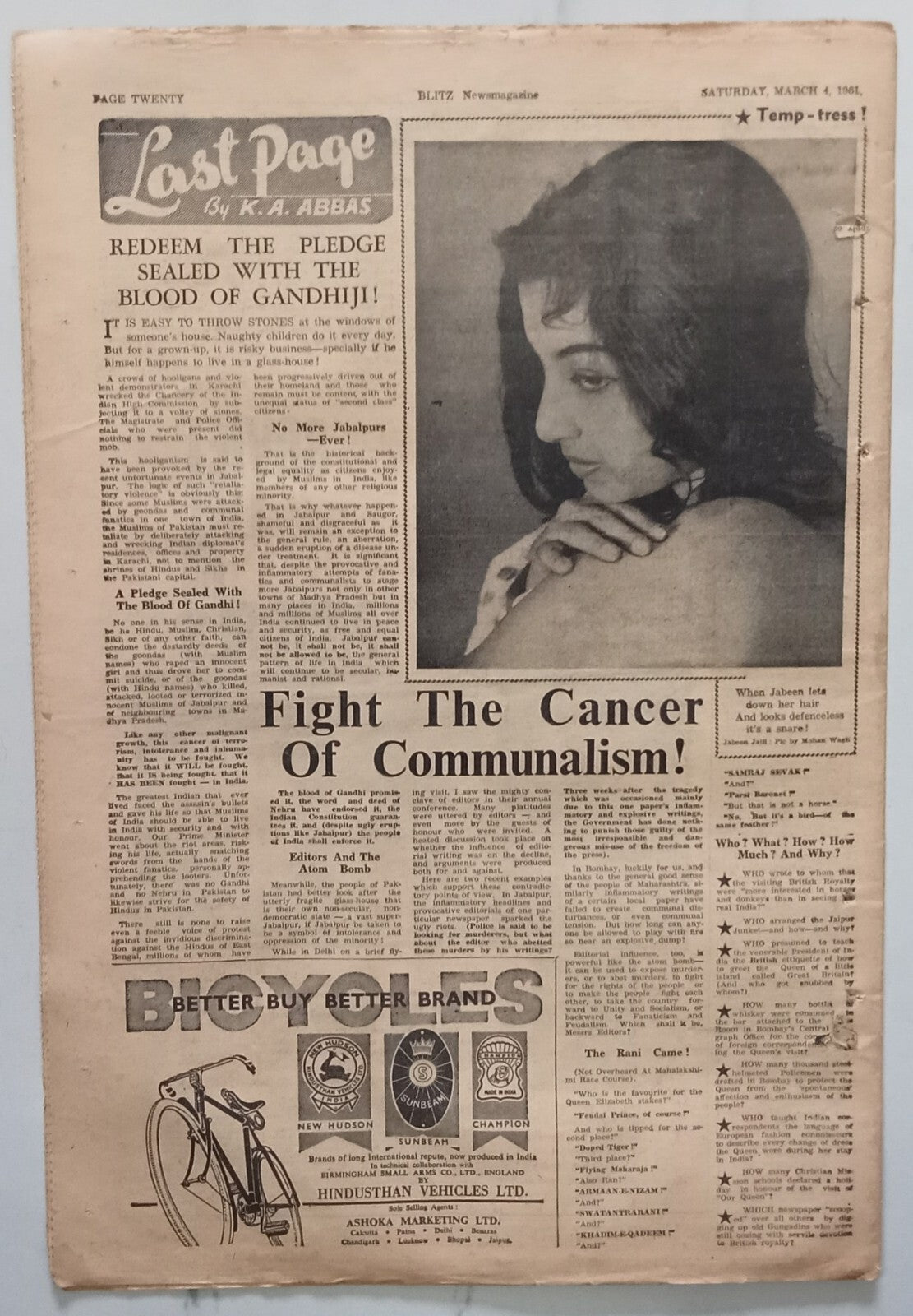 AOP India BLITZ 4 Mar 1961 FIGHT THE CANCER OF COMMUNALISM! (R )