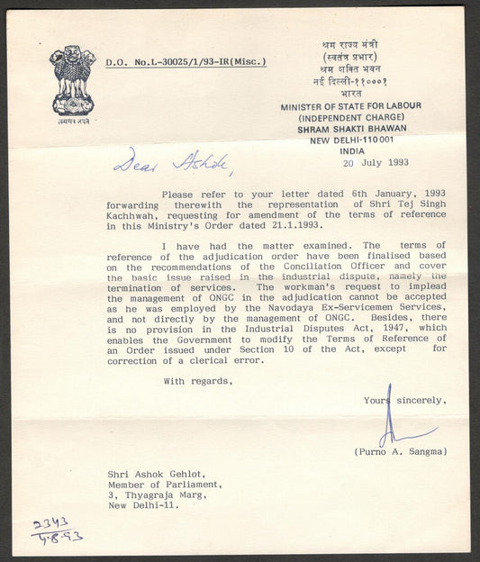 (AOP) India 1993 signed letter Purno A. Sangma Member of Parliament Lok Sabha