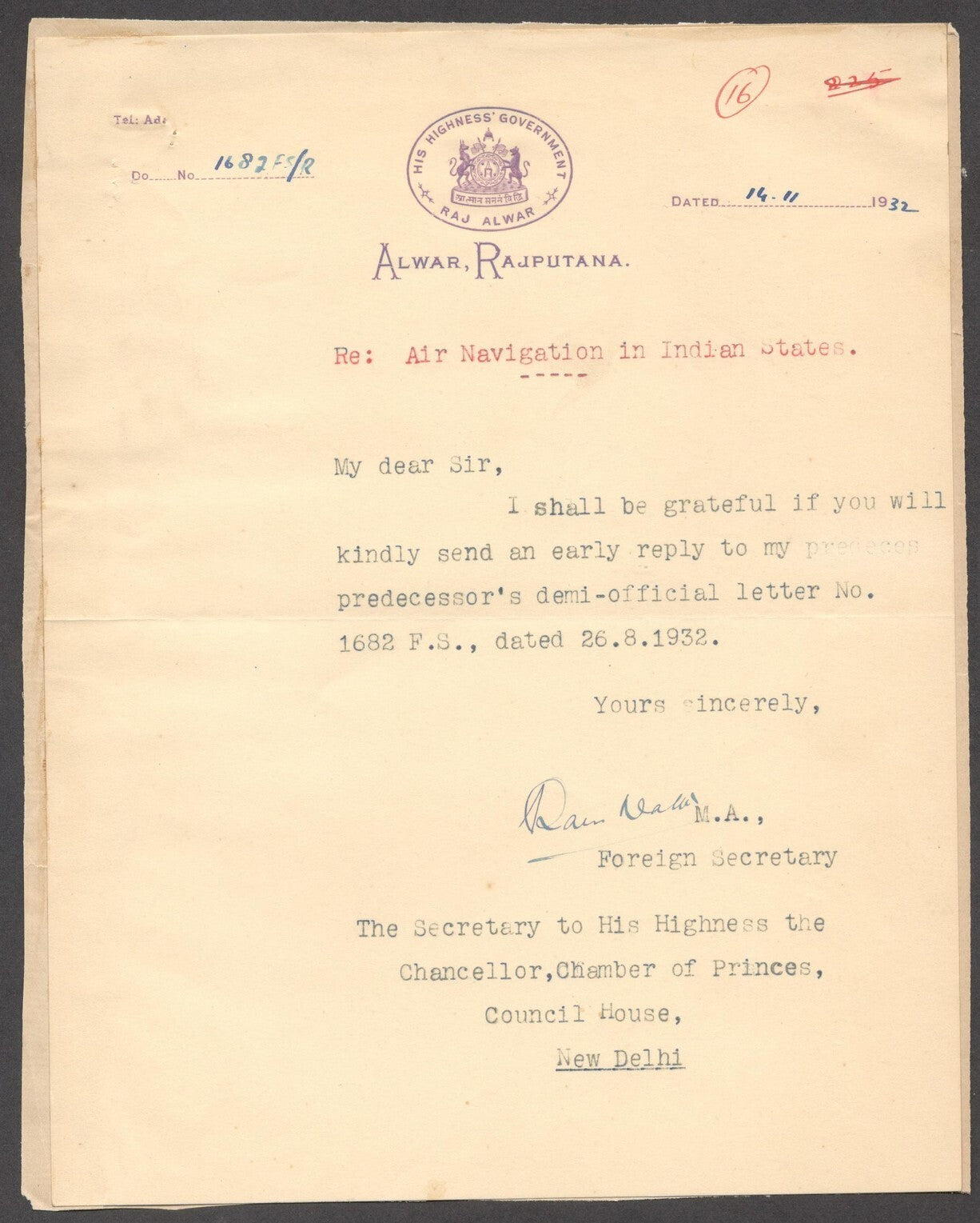 India 1932 crested letter HIS HIGHNESS GOVERNMENT / RAJ ALWAR signed Foreign Sec