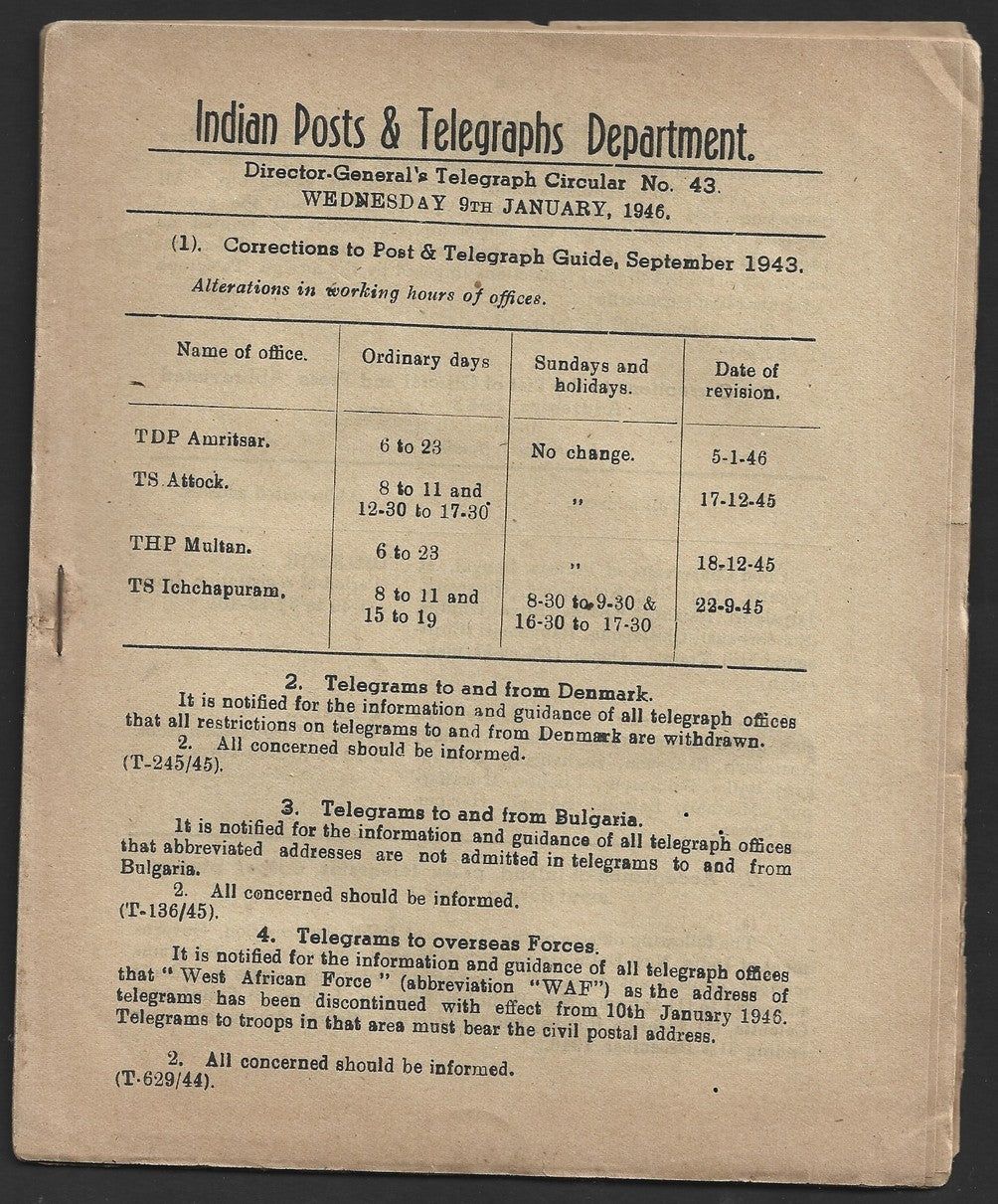 India 1931 DG'S POSTAL CIRCULAR Censorship of Telegrams, etc.