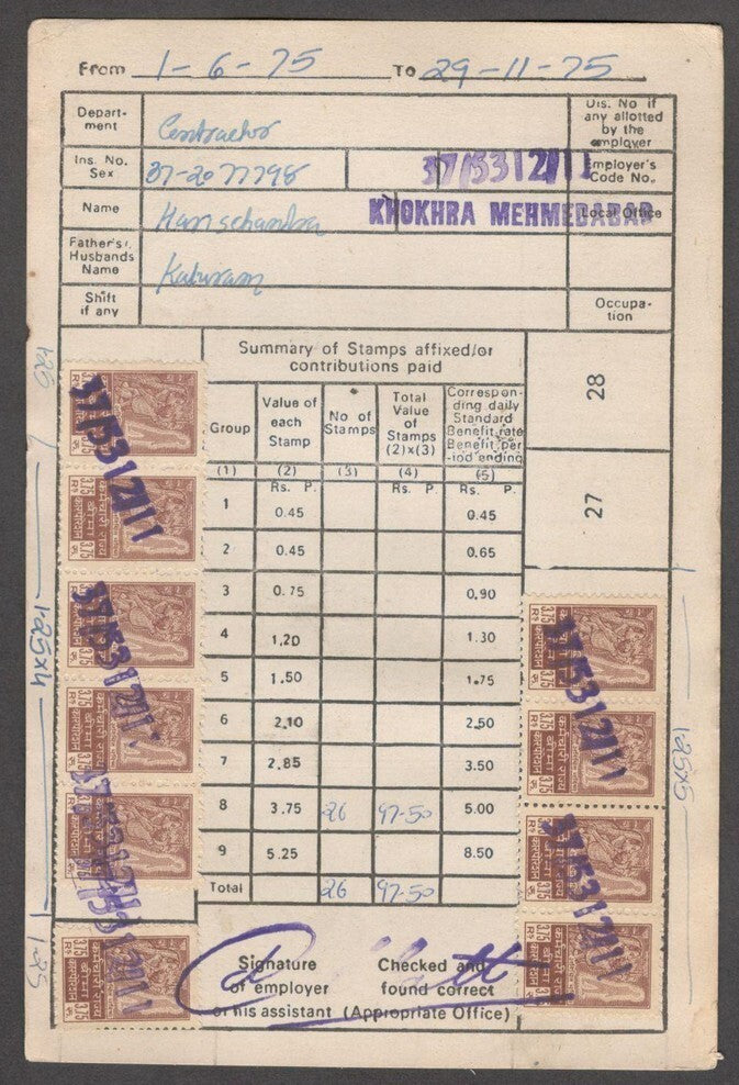India ESIS Insurance card with 26 ESIS 3.75R stamps