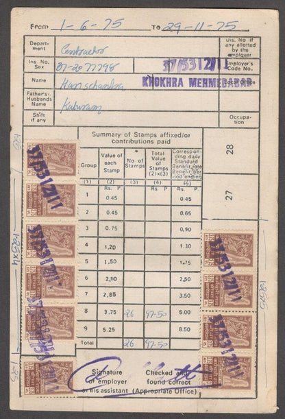 India ESIS Insurance card with 26 ESIS 3.75R stamps