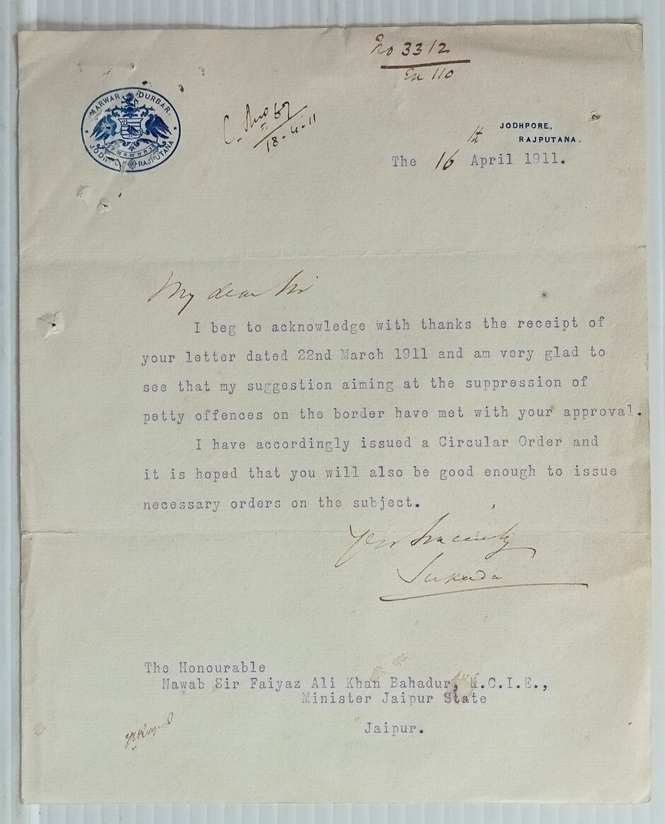 AOP India MARWAR DURBAR JODHPUR RAJPUTANA crested letter 1911 see contents