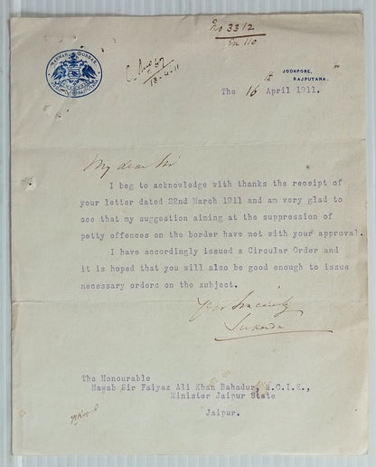 AOP India MARWAR DURBAR JODHPUR RAJPUTANA crested letter 1911 see contents