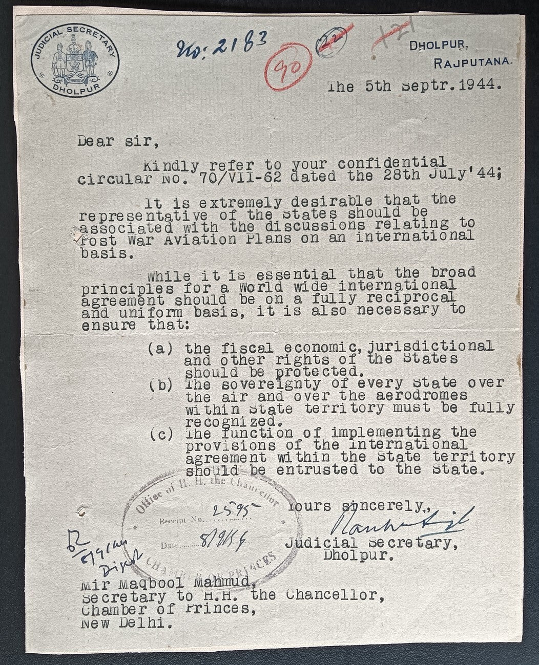 India 1944 crested letter JUDICIAL SECRETARY / DHOLPUR STATE signed